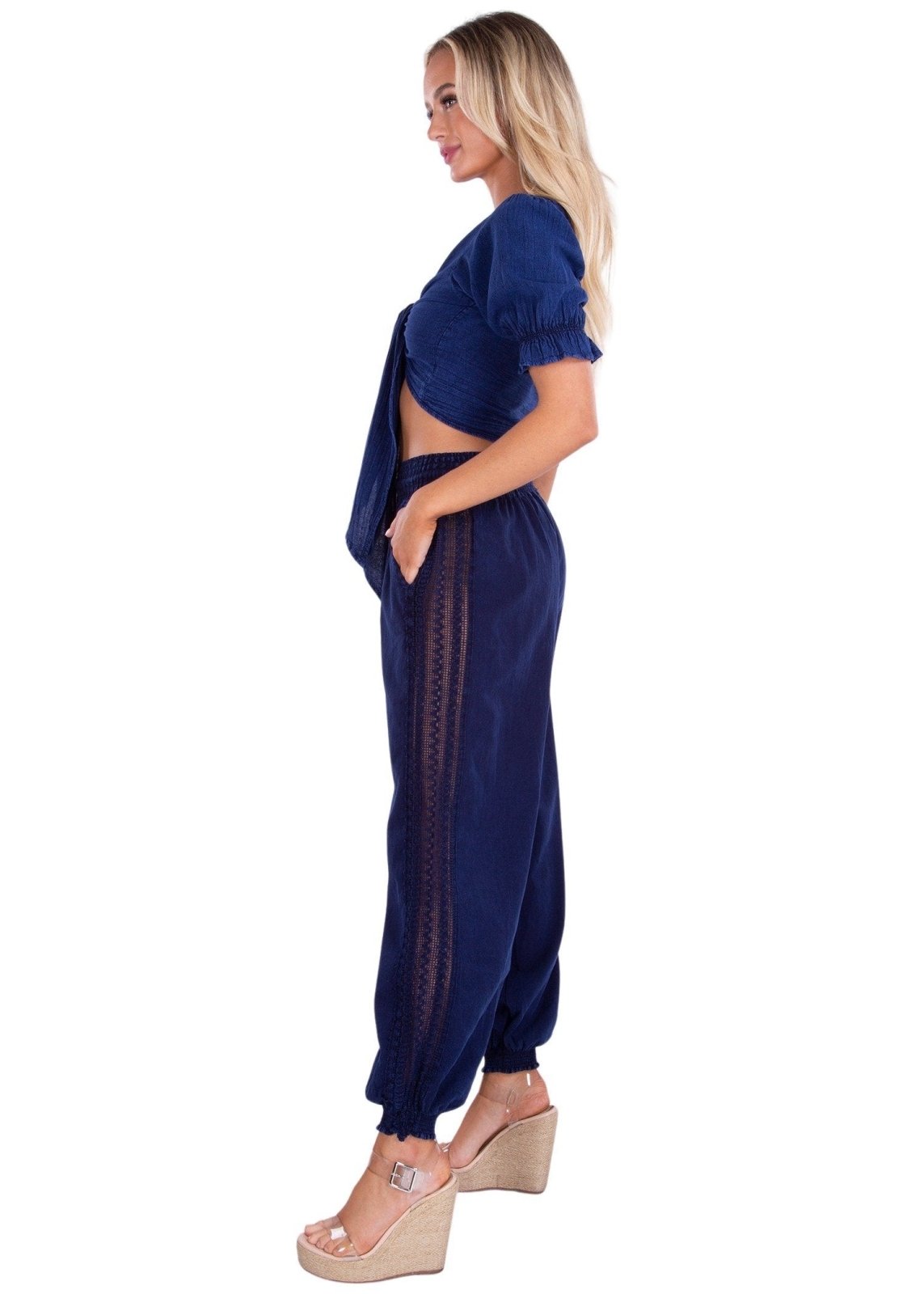 Chloe' Side Crochet Joggers Navy - Seaspice Resort Wear