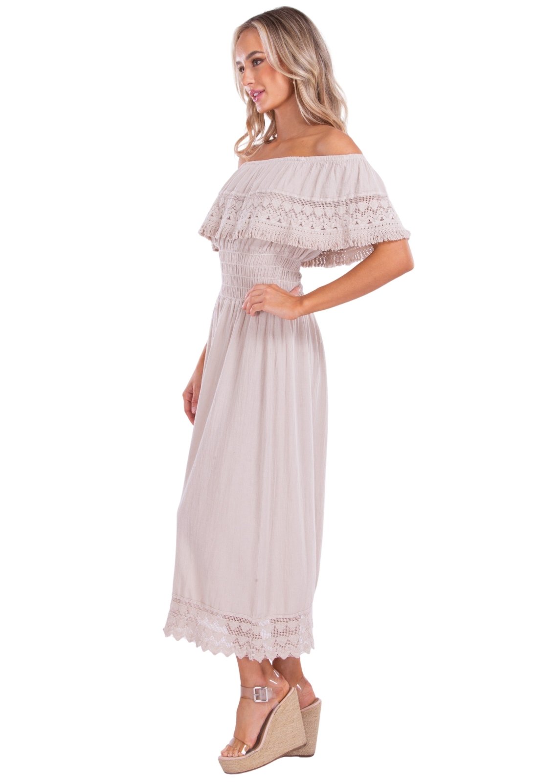 'Constance' Off Shoulder Maxi Dress Baby Beige - Seaspice Resort Wear