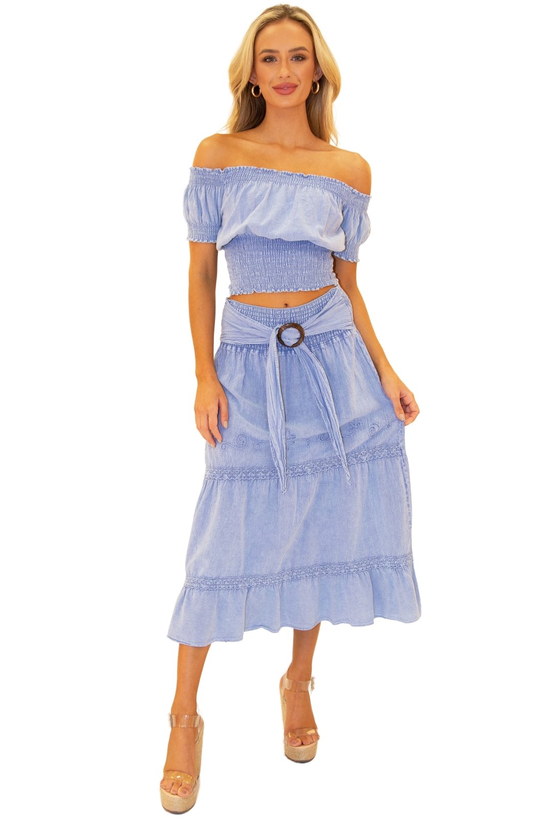 100% Cotton 'Delilah' Shirred Off Shoulder Top Blue