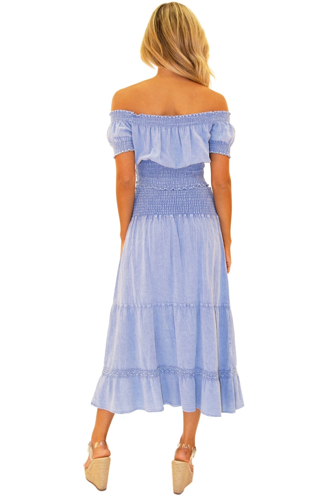 100% Cotton 'Delilah' Shirred Off Shoulder Top Blue
