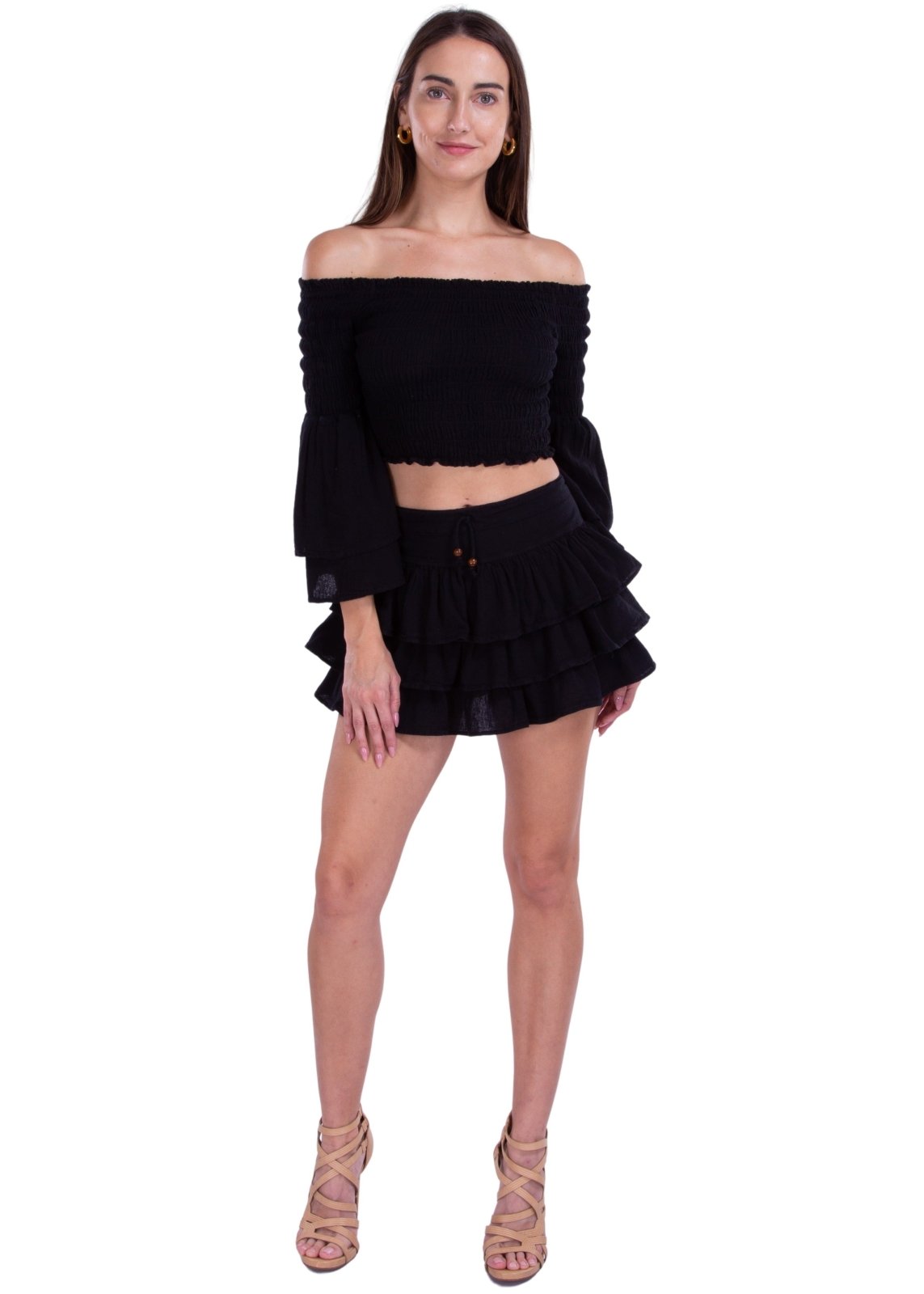 Lana' Shirred Bell Sleeve Top Black - Seaspice Resort Wear