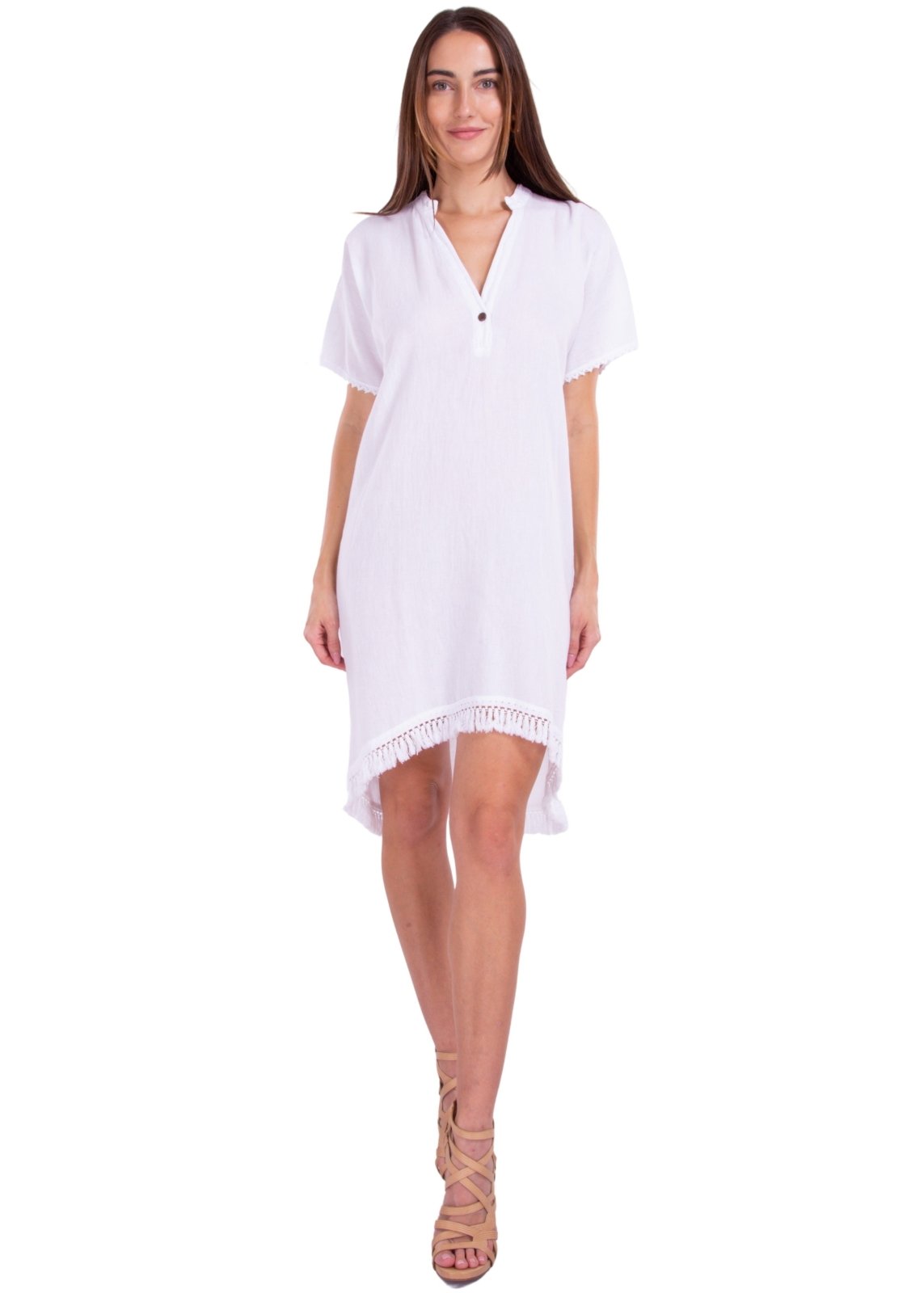 'Selma' High Low Tassel Trim Tunic White - Seaspice Resort Wear