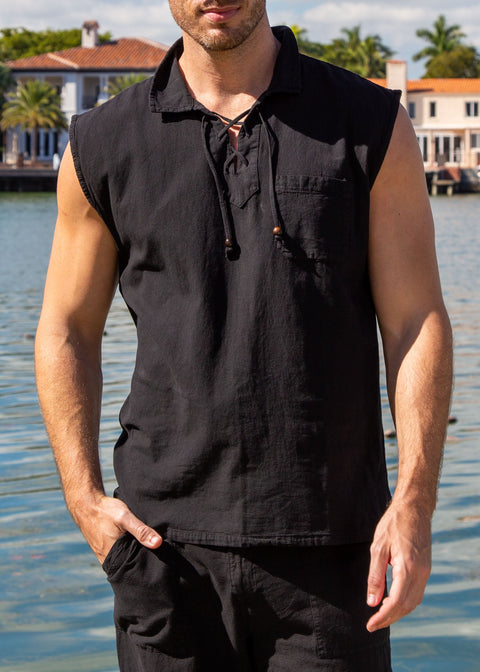 GZ1004 - Black Cotton Drawstring Pocket Sleeveless Shirt
