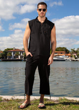GZ1004 - Black Cotton Drawstring Pocket Sleeveless Shirt