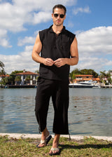GZ1004 - Black Cotton Drawstring Pocket Sleeveless Shirt
