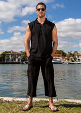 GZ1004 - Black Cotton Drawstring Pocket Sleeveless Shirt