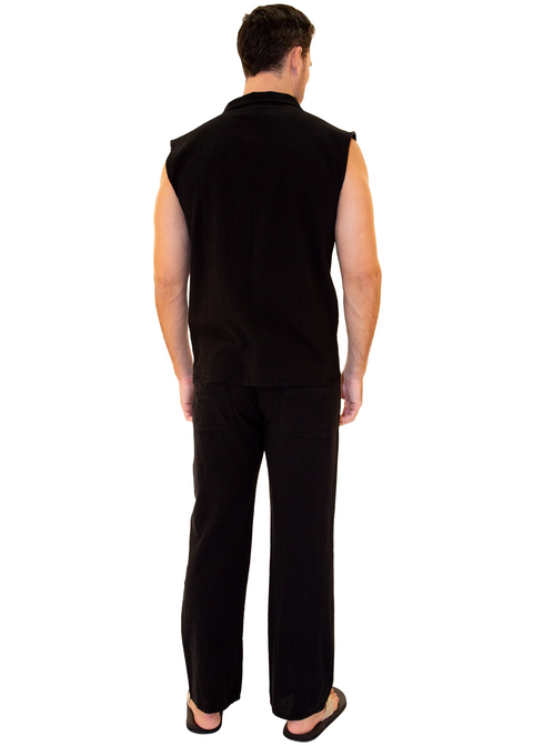 GZ1004 - Black Cotton Drawstring Pocket Sleeveless Shirt