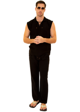 GZ1004 - Black Cotton Drawstring Pocket Sleeveless Shirt