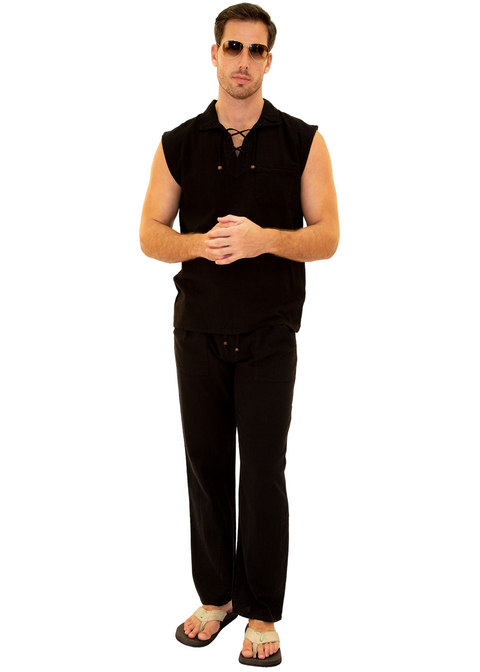 GZ1004 - Black Cotton Drawstring Pocket Sleeveless Shirt