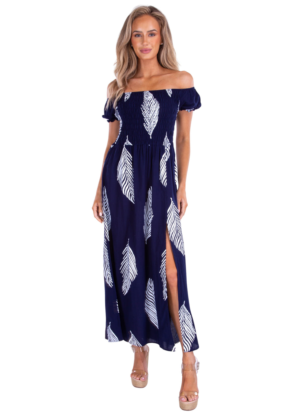 'Catalina' Off Shoulder Palm Print Maxi Dress