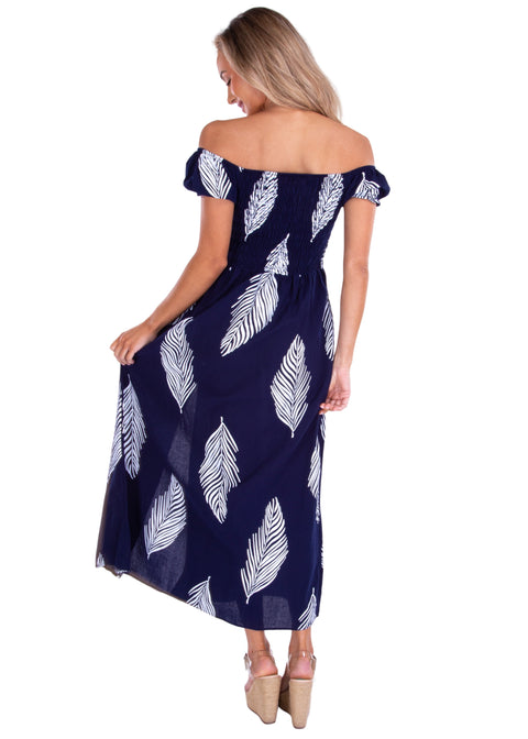 'Catalina' Off Shoulder Palm Print Maxi Dress