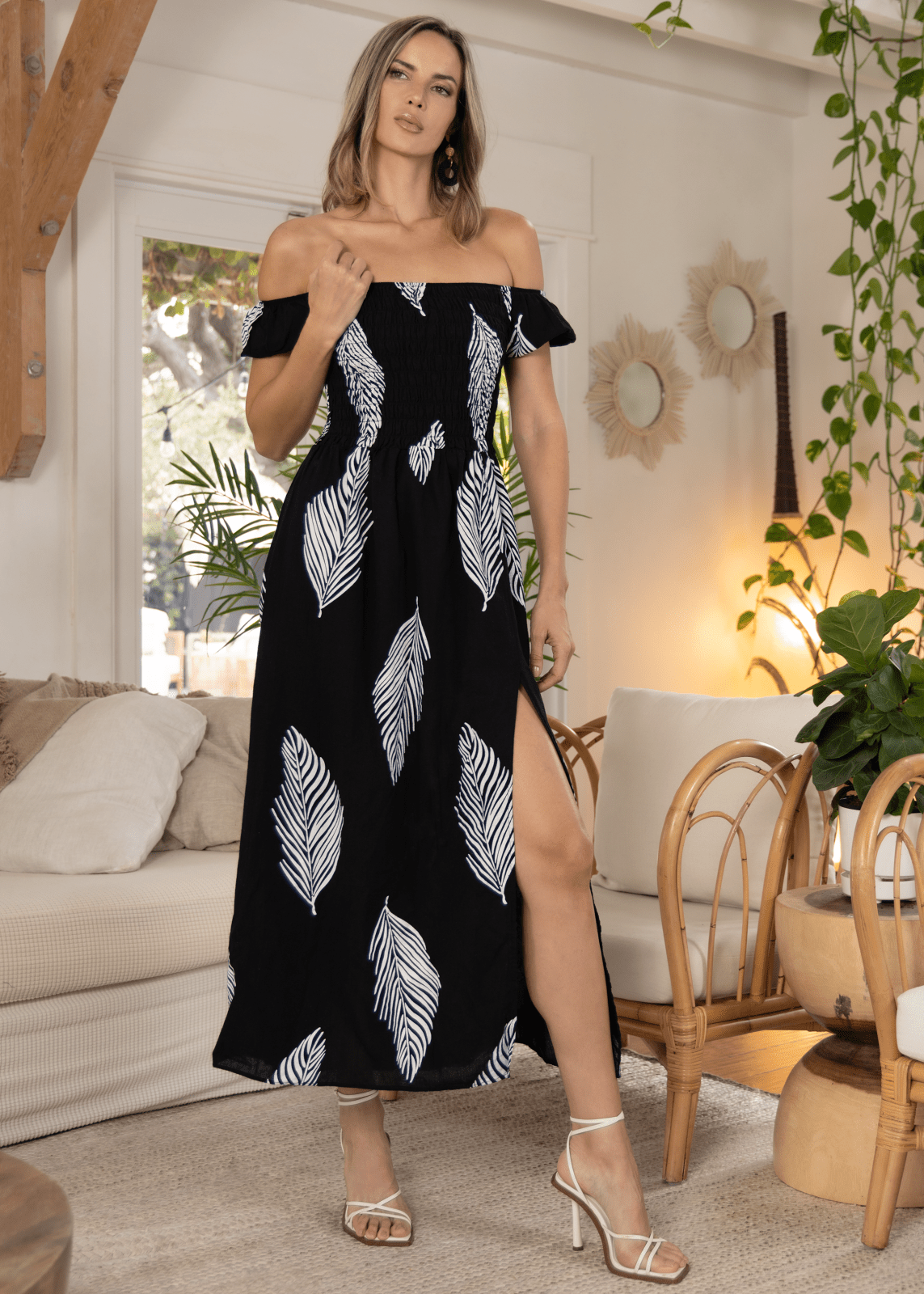 'Catalina' Off Shoulder Palm Print Maxi Dress WOMEN'S DRESS for women resort wear - Seaspice Resort Wear