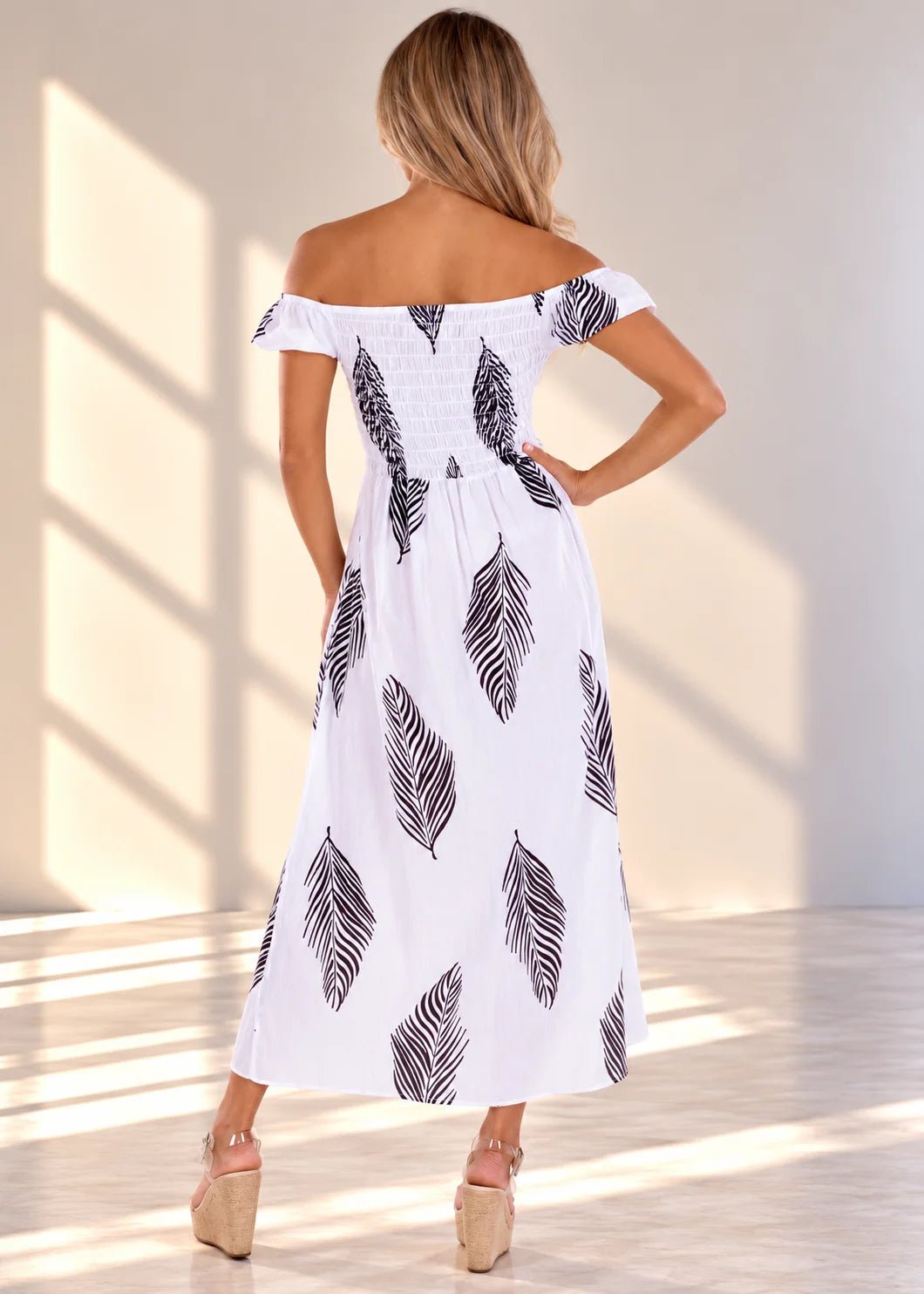 'Catalina' Off Shoulder Palm Print Maxi Dress WOMEN'S DRESS for women resort wear - Seaspice Resort Wear