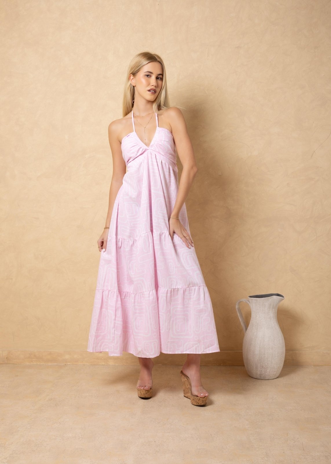 dresses in pink for resort Hot Pink Luna Tie-Dye Halter Maxi Dress Open Back, Deep V-Neck, Vacation & Resort Wear