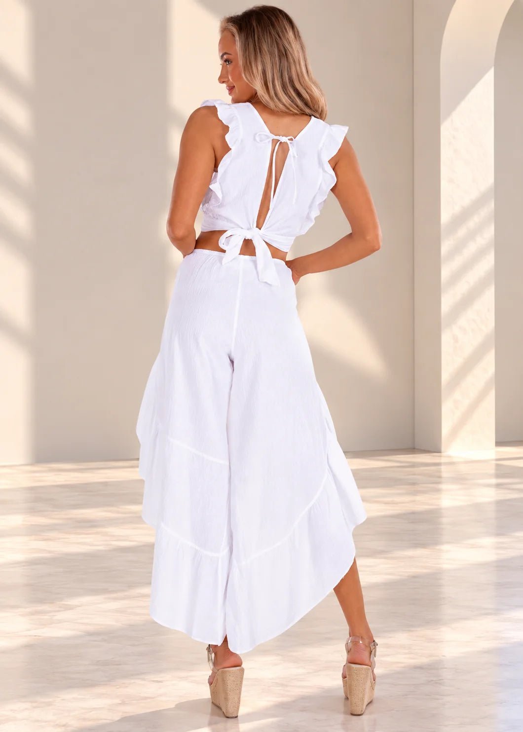 'Vanessa' Ruffle Shoulder Tie Back Top White WOMEN'S TOP for women resort wear - Seaspice Resort Wear