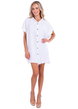 100% Cotton 'Annmarie' Button-Up Tunic Dress White - Seaspice Resort Wear