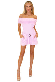 100% Cotton 'Ava' Belted Romper Pink - Seaspice Resort Wear