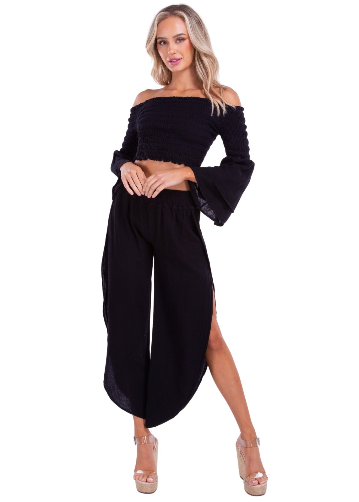 'Azalea' Split Thigh Pants Black - Seaspice Resort Wear