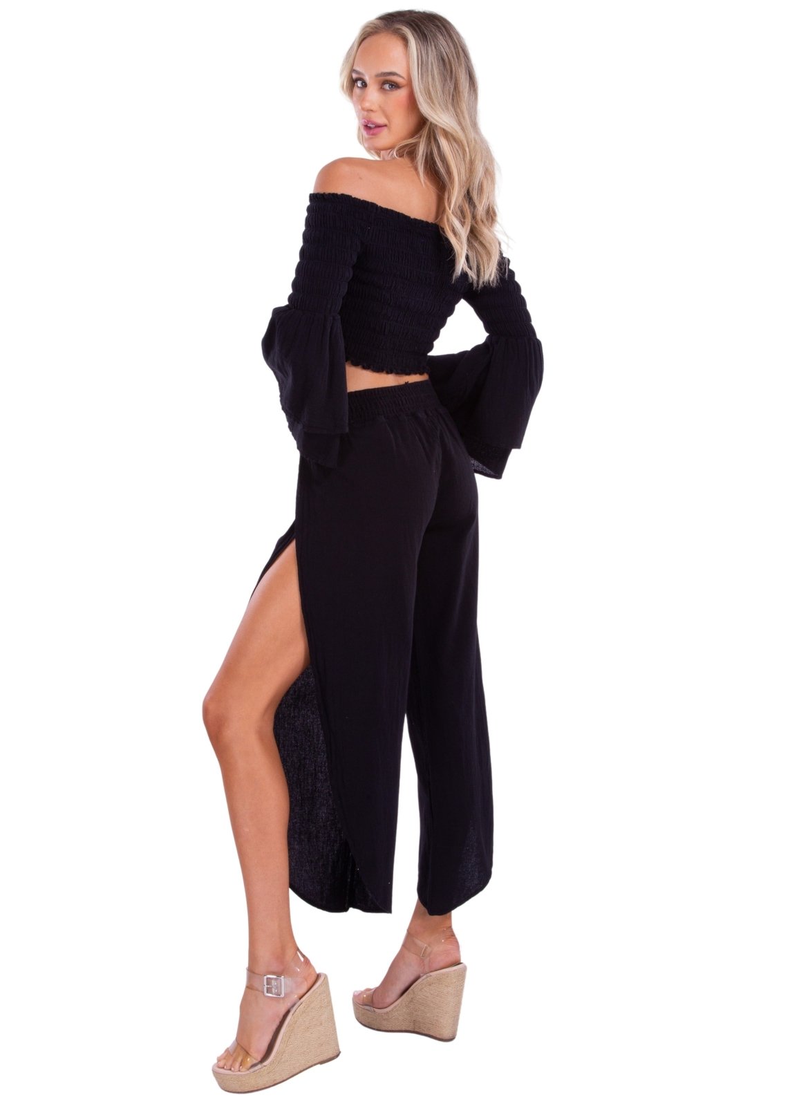 'Azalea' Split Thigh Pants Black - Seaspice Resort Wear
