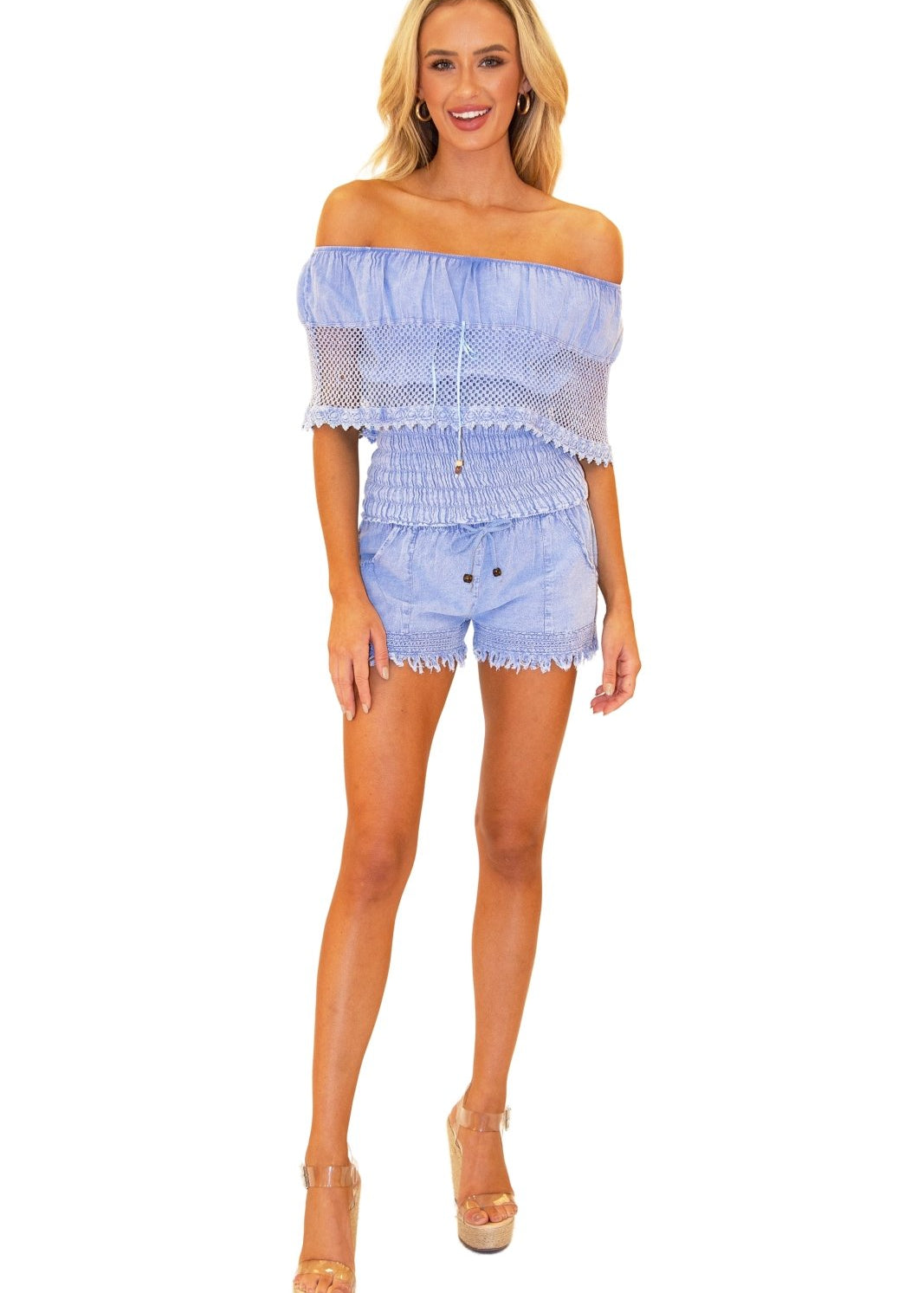 'Bay' Off Shoulder Mesh Top Blue - Seaspice Resort Wear
