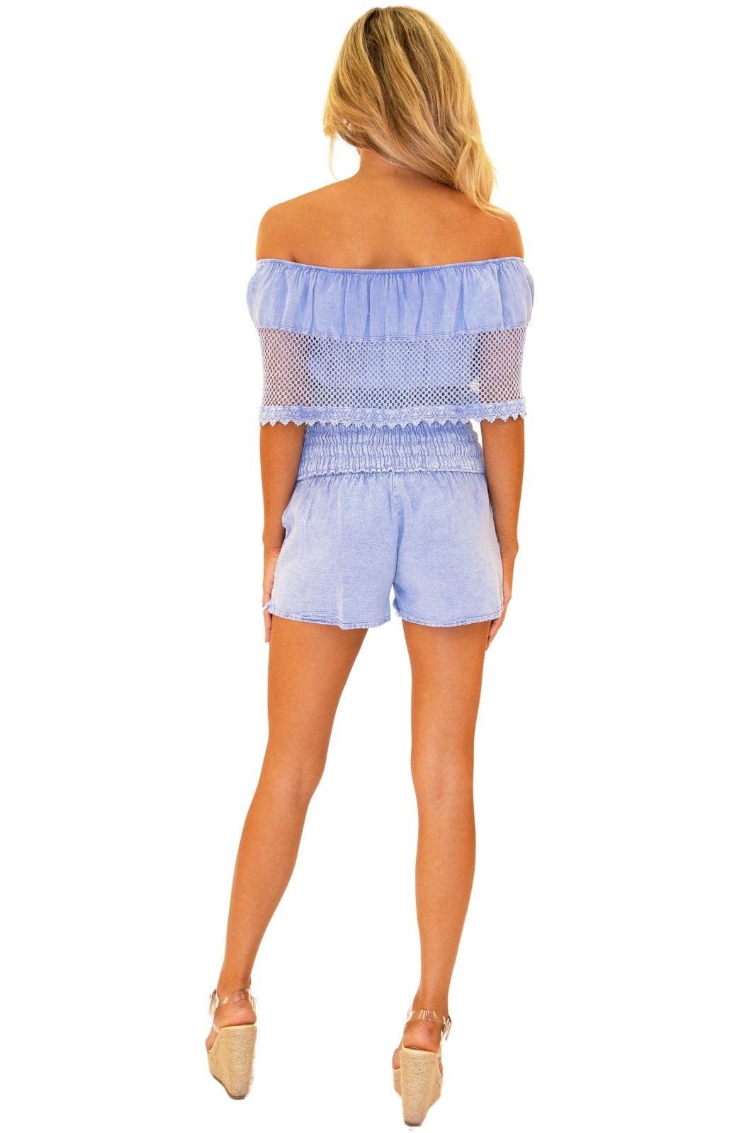 'Bay' Off Shoulder Mesh Top Blue - Seaspice Resort Wear
