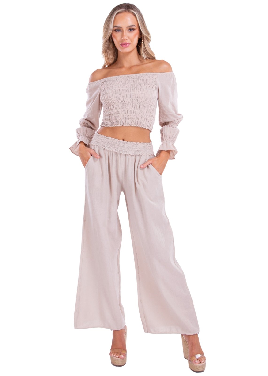 'Belle' Shirred Long Sleeve Top Baby Beige - Seaspice Resort Wear