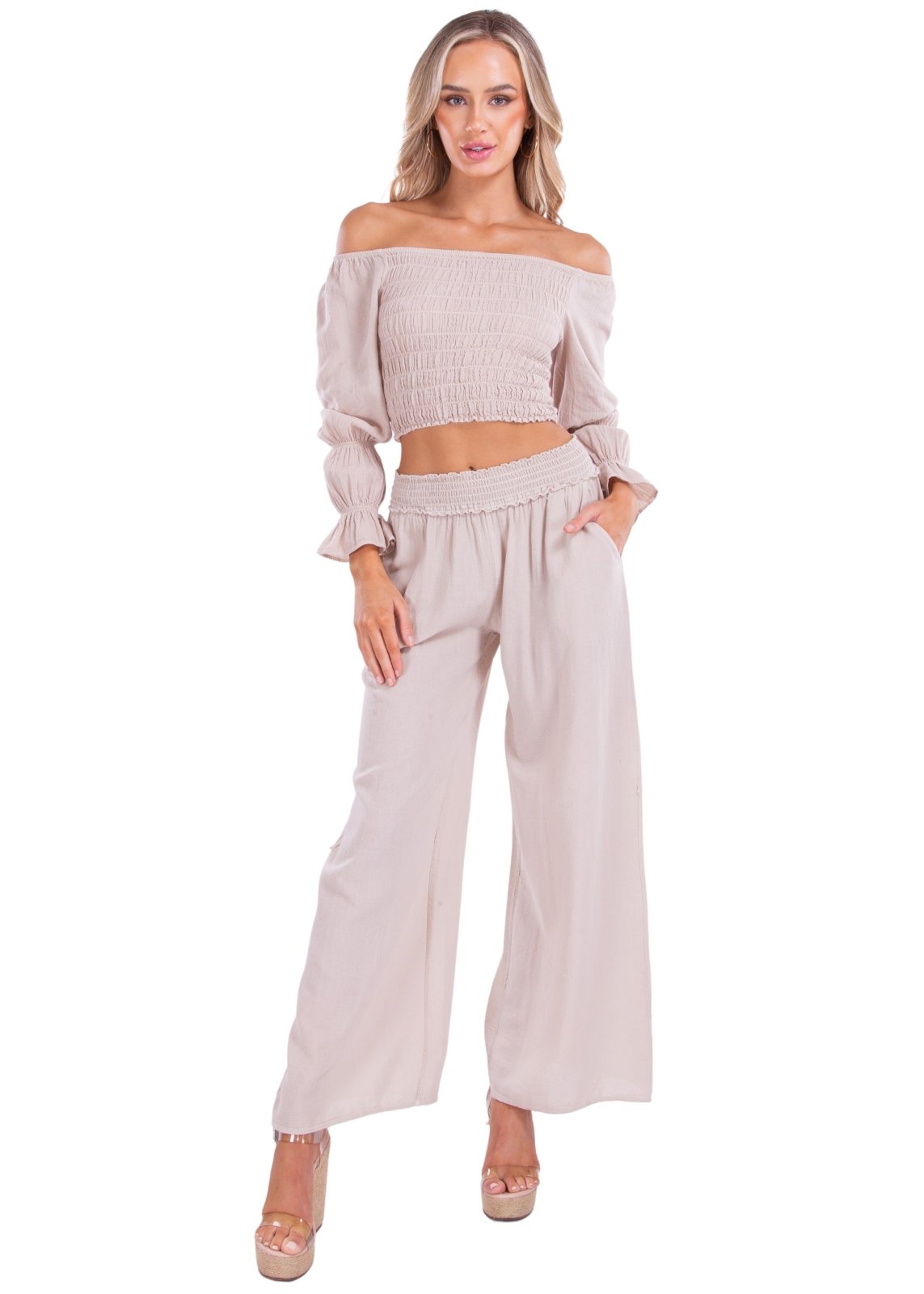 'Belle' Shirred Long Sleeve Top Baby Beige - Seaspice Resort Wear