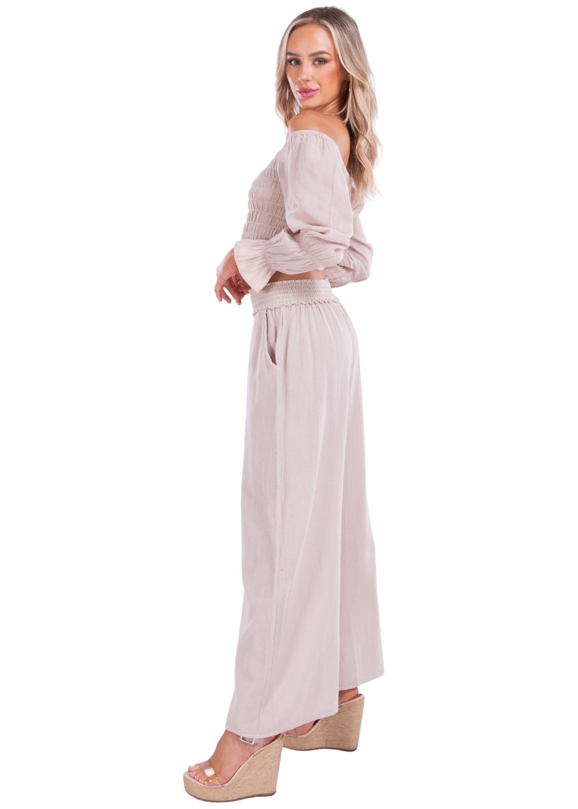'Belle' Shirred Long Sleeve Top Baby Beige - Seaspice Resort Wear