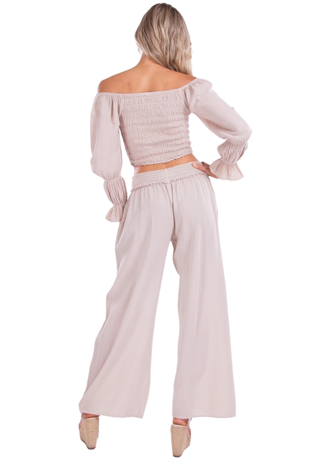 'Belle' Shirred Long Sleeve Top Baby Beige - Seaspice Resort Wear