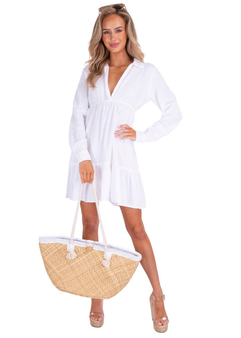 'Bianca' Long Sleeve Tunic Dress White - Seaspice Resort Wear