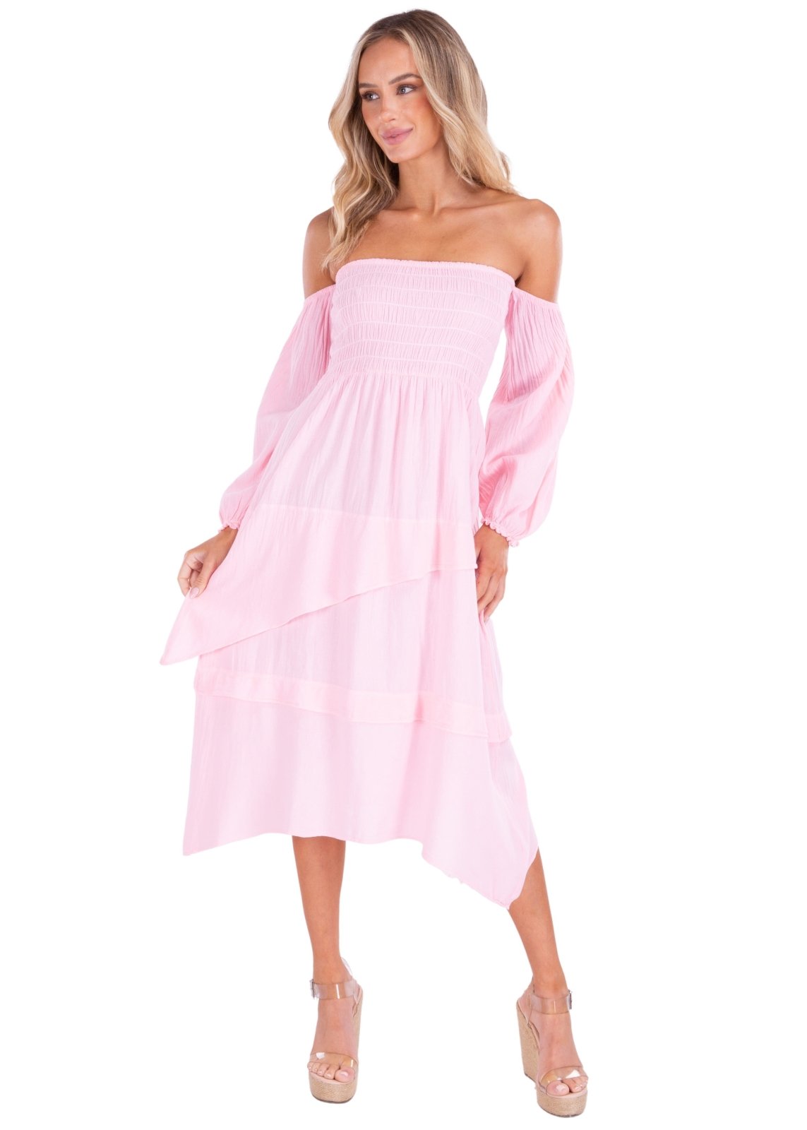 Calliope' Off Shoulder Midi Dress Baby Pink - Seaspice Resort Wear