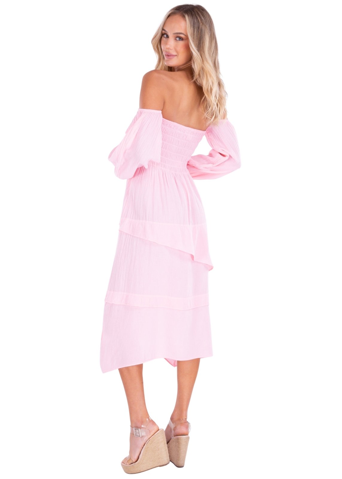Calliope' Off Shoulder Midi Dress Baby Pink - Seaspice Resort Wear