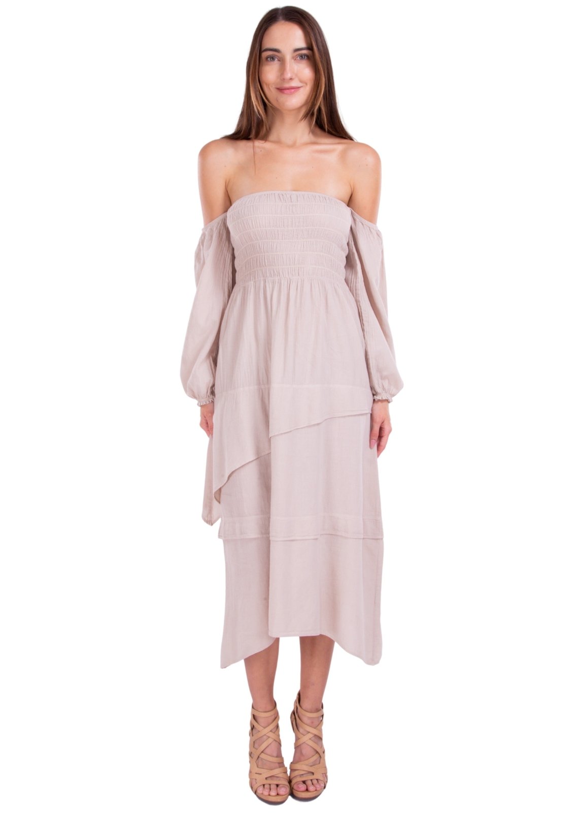 Calliope' Off Shoulder Midi Dress Baby Beige - Seaspice Resort Wear