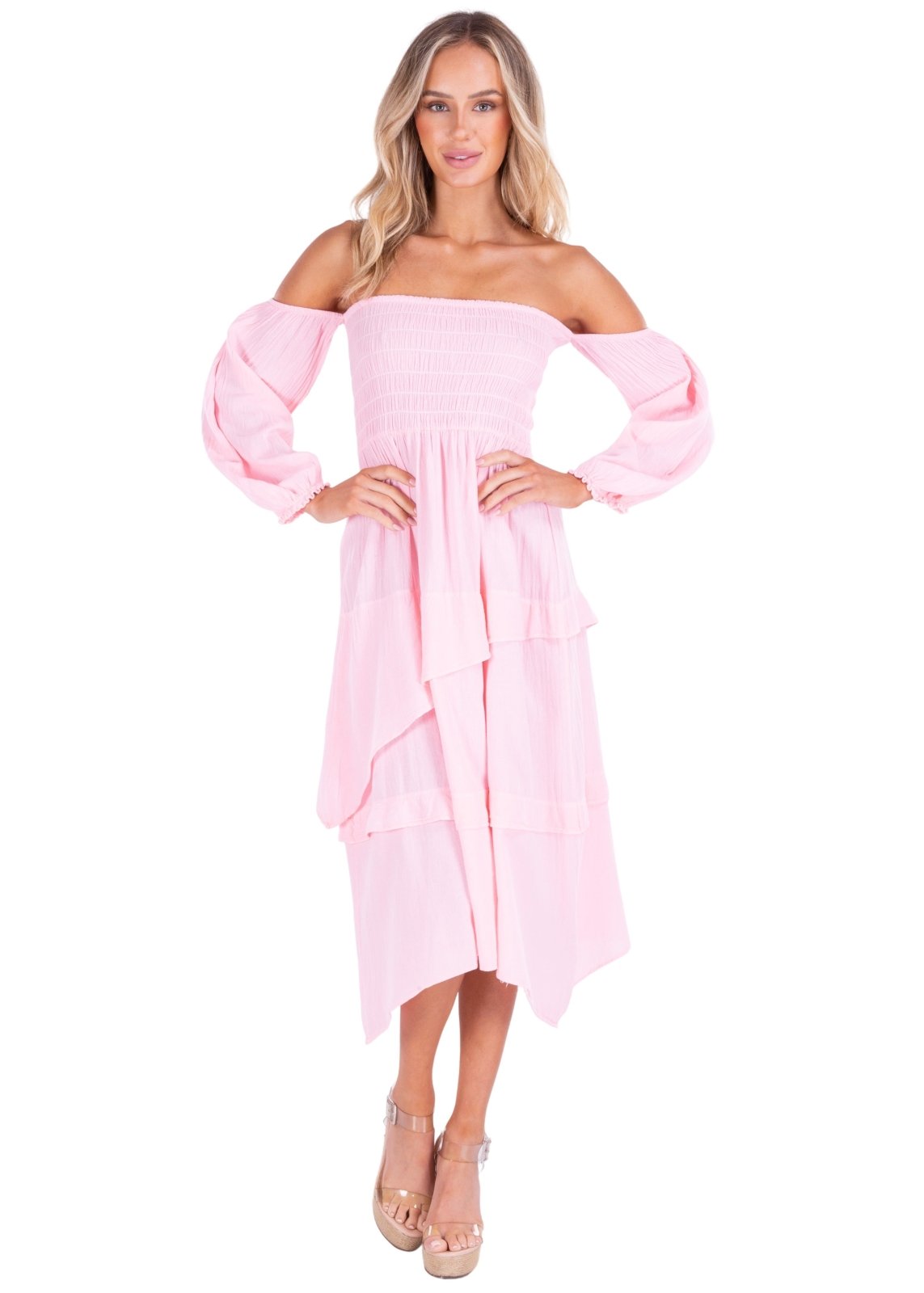 Calliope' Off Shoulder Midi Dress Baby Pink - Seaspice Resort Wear