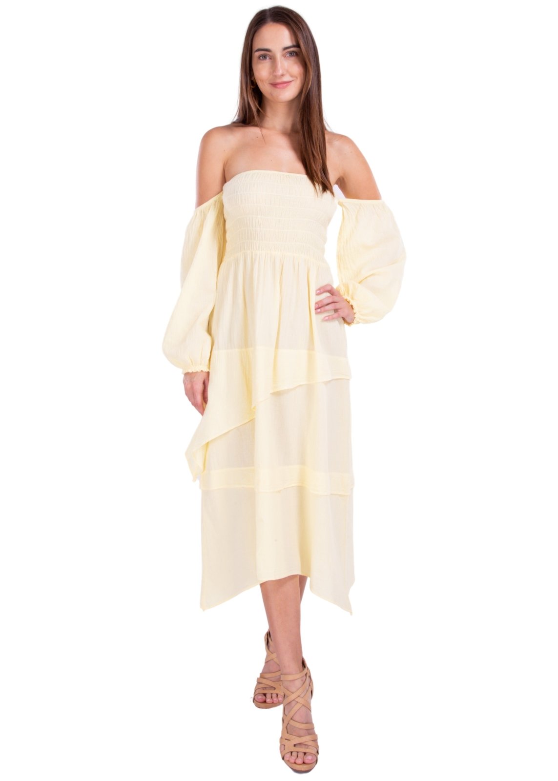Calliope' Off Shoulder Midi Dress Baby Yellow - Seaspice Resort Wear