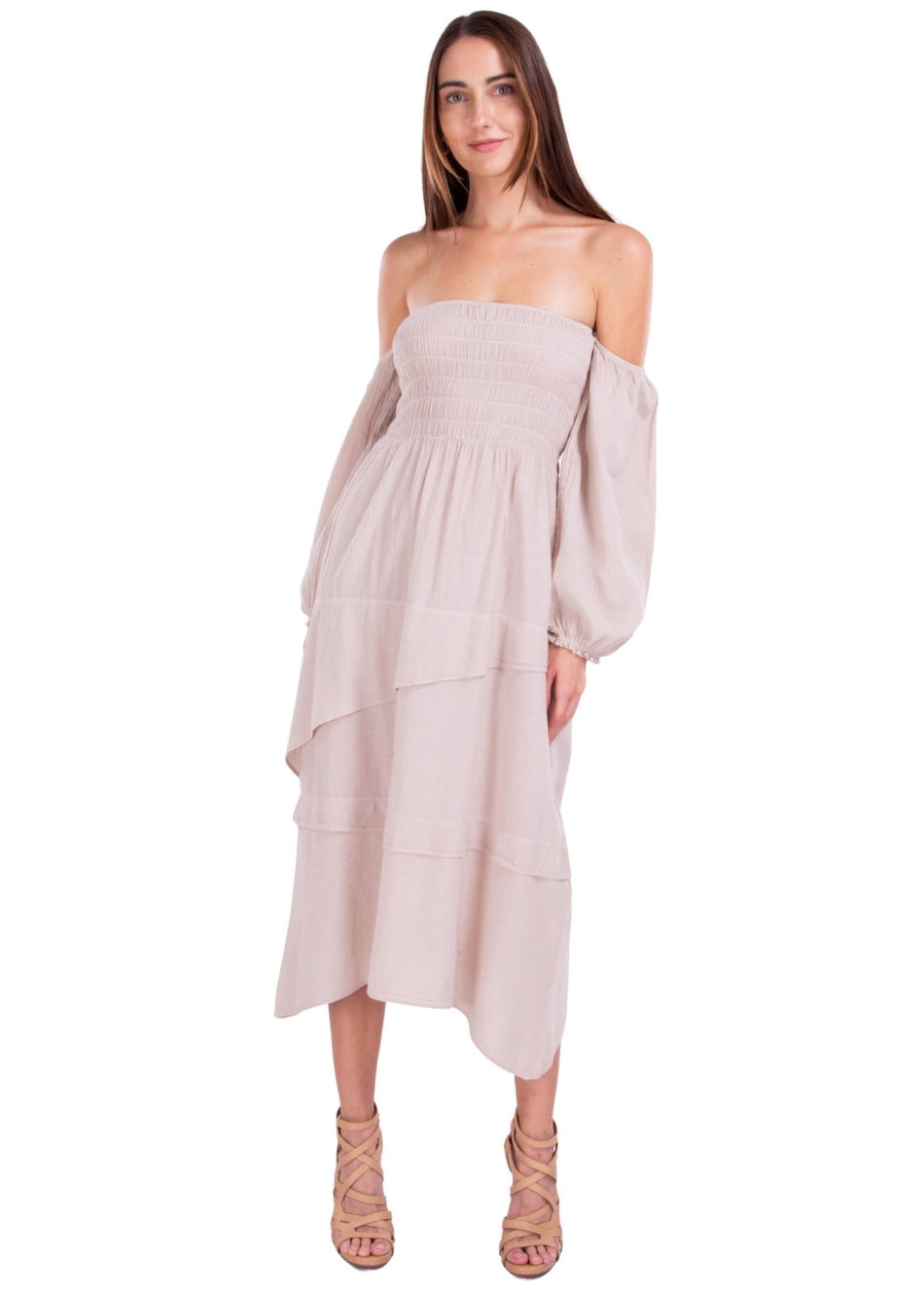 Calliope' Off Shoulder Midi Dress Baby Beige - Seaspice Resort Wear