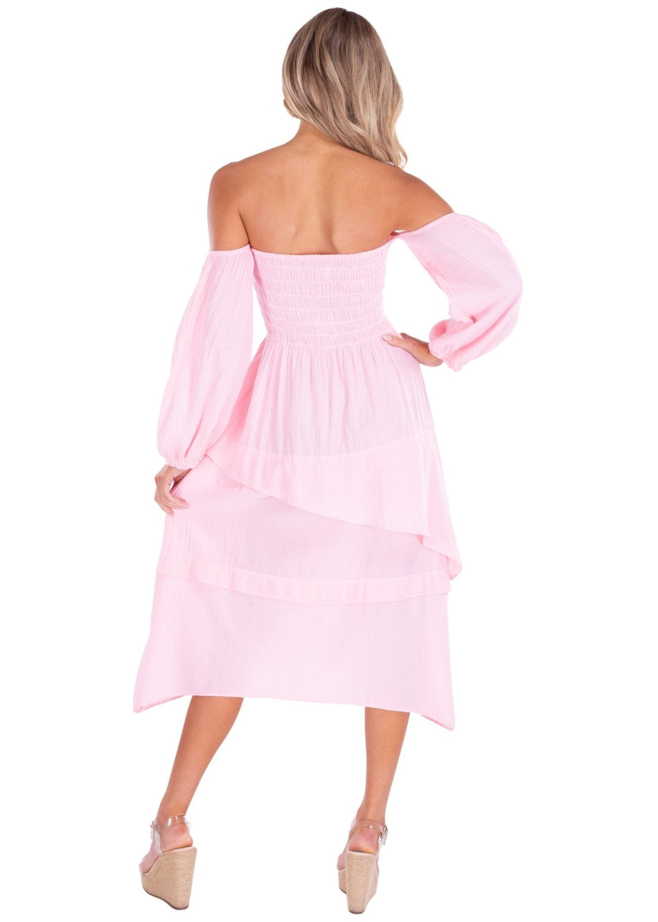 Calliope' Off Shoulder Midi Dress Baby Pink - Seaspice Resort Wear