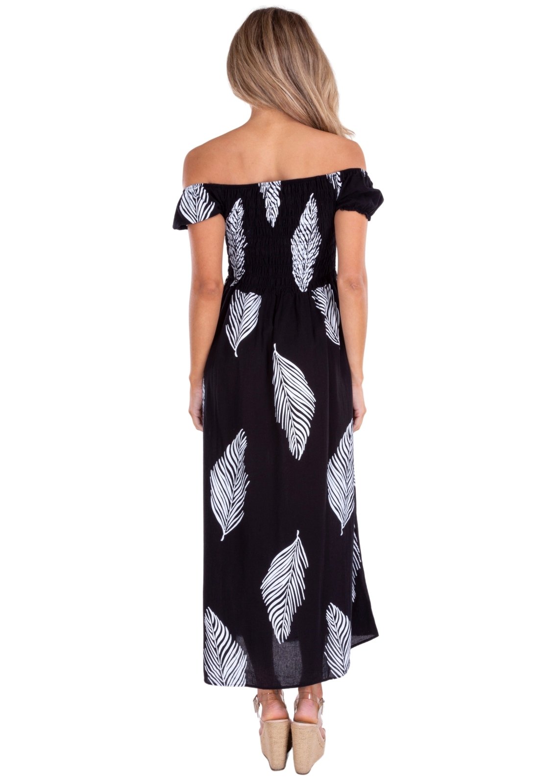 'Catalina' Off Shoulder Palm Print Dress Black - Seaspice Resort Wear