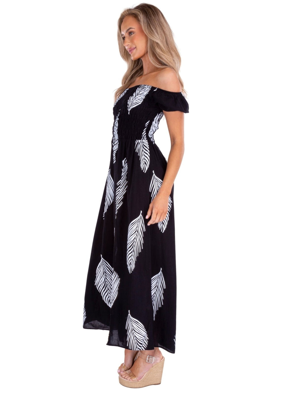 'Catalina' Off Shoulder Palm Print Dress Black - Seaspice Resort Wear