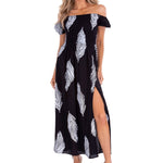 'Catalina' Off Shoulder Palm Print Dress Black - Seaspice Resort Wear