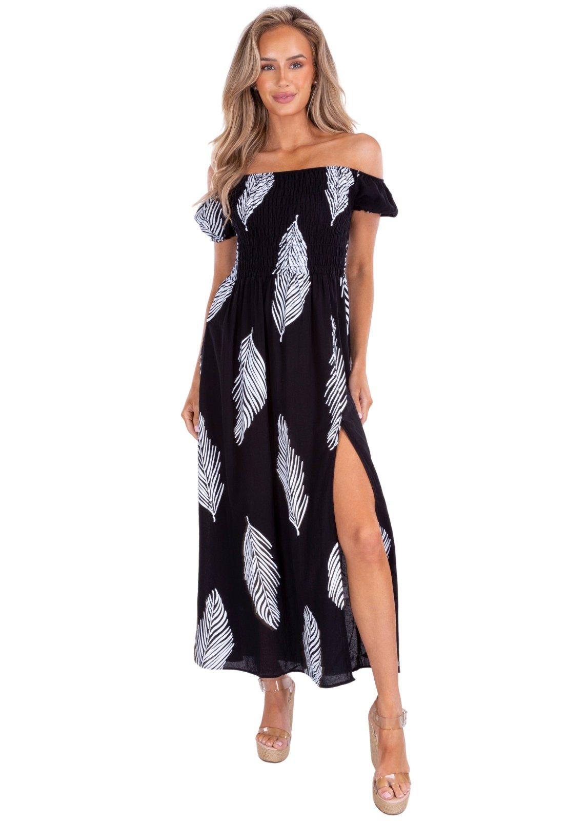 'Catalina' Off Shoulder Palm Print Dress Black - Seaspice Resort Wear