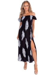 'Catalina' Off Shoulder Palm Print Dress Black - Seaspice Resort Wear