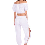 'Cristi' Crochet Hem Side Slit Pants White - Seaspice Resort Wear
