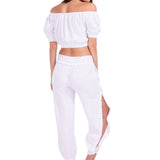 'Cristi' Crochet Hem Side Slit Pants White - Seaspice Resort Wear