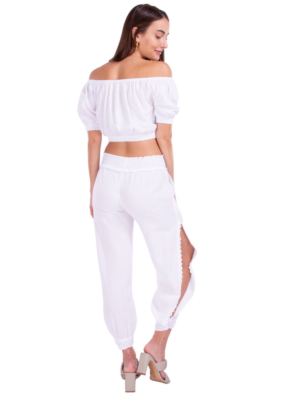 'Cristi' Crochet Hem Side Slit Pants White - Seaspice Resort Wear