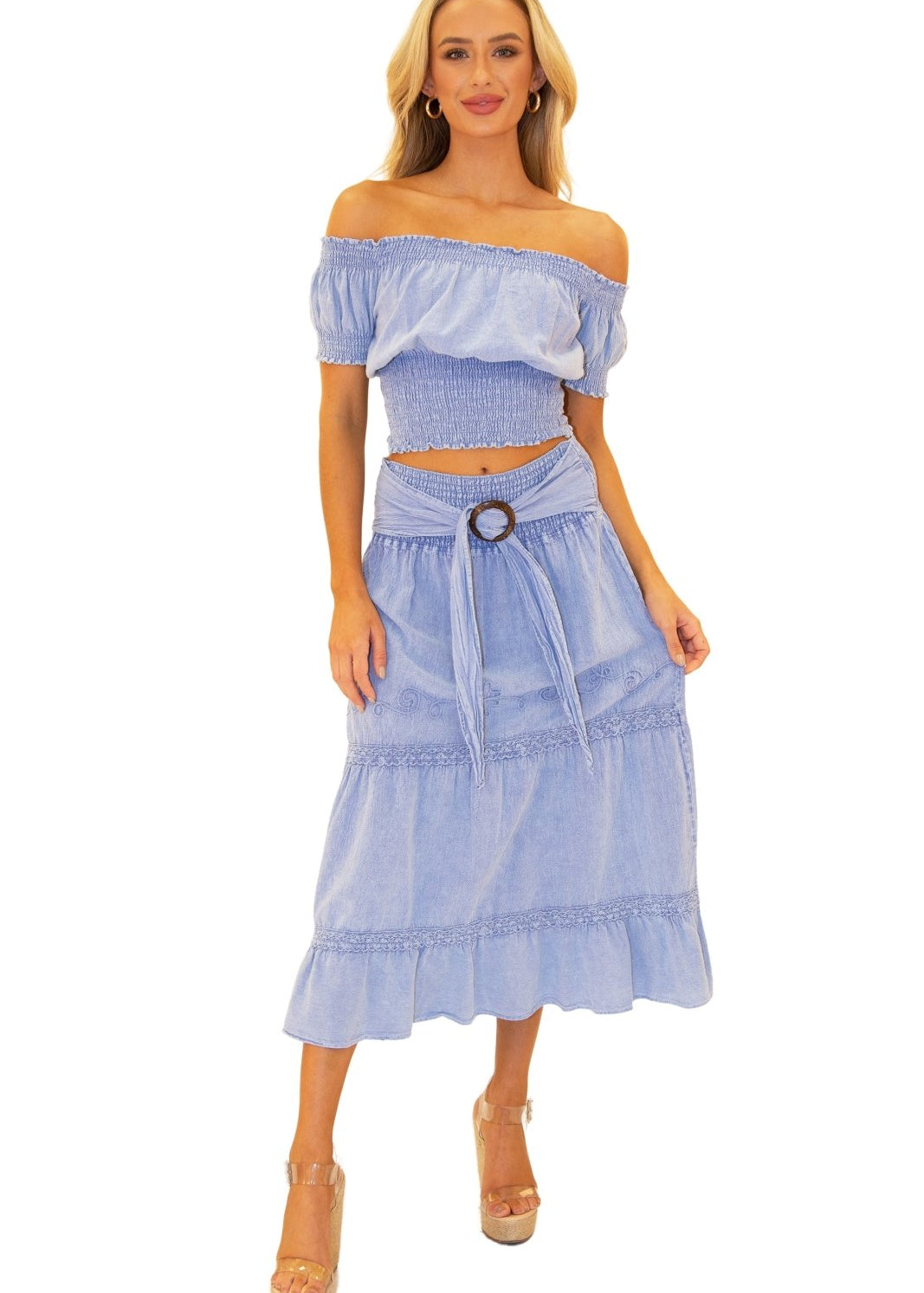 100% Cotton 'Delilah' Shirred Off Shoulder Top Blue