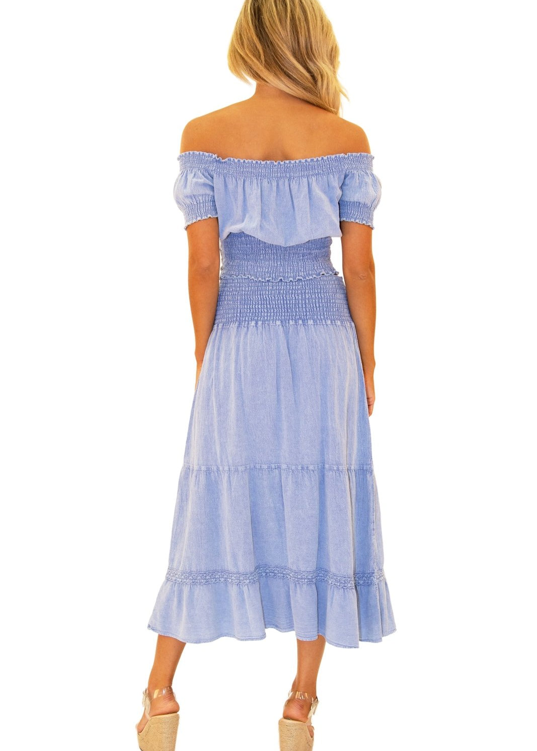 100% Cotton 'Delilah' Shirred Off Shoulder Top Blue