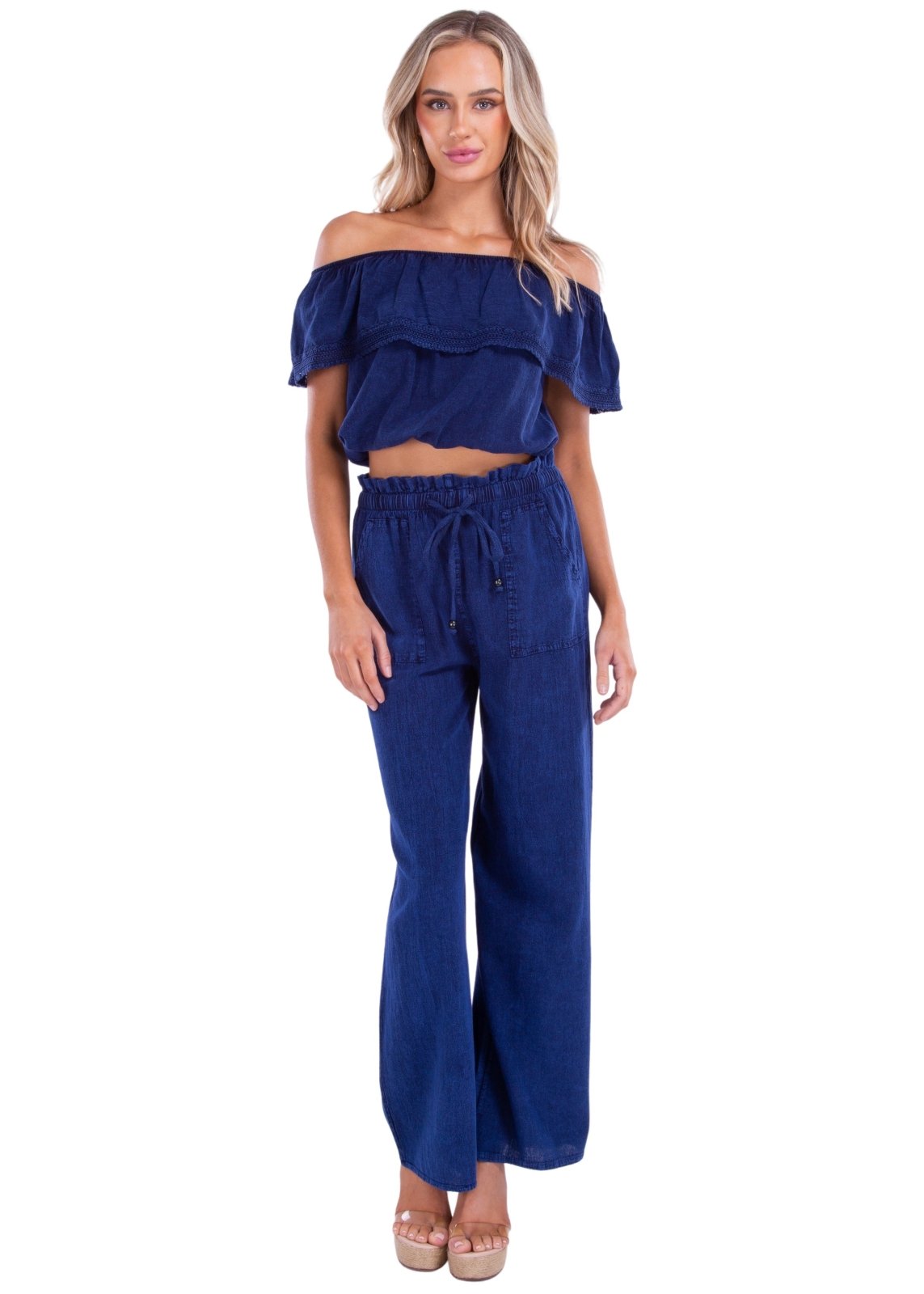 100% Cotton 'Joy' Off Shoulder Top Navy