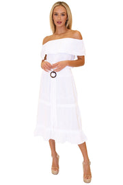 100% Cotton 'Juliette' Belted Midi Skirt White