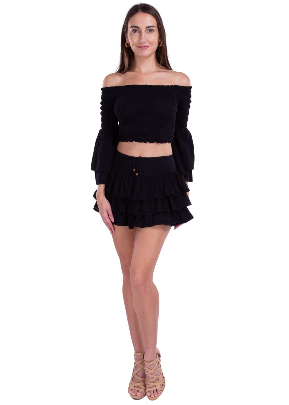 Lana' Shirred Bell Sleeve Top Black - Seaspice Resort Wear